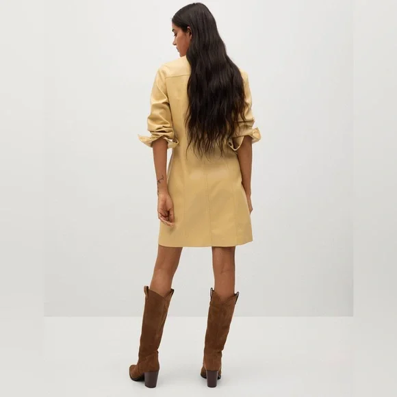 Mango Yellow Faux Leather Shirt Dress sz 2 - Picture 3 of 12